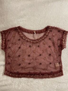 Embroidered Sheer Burnt Mauve Crop Top